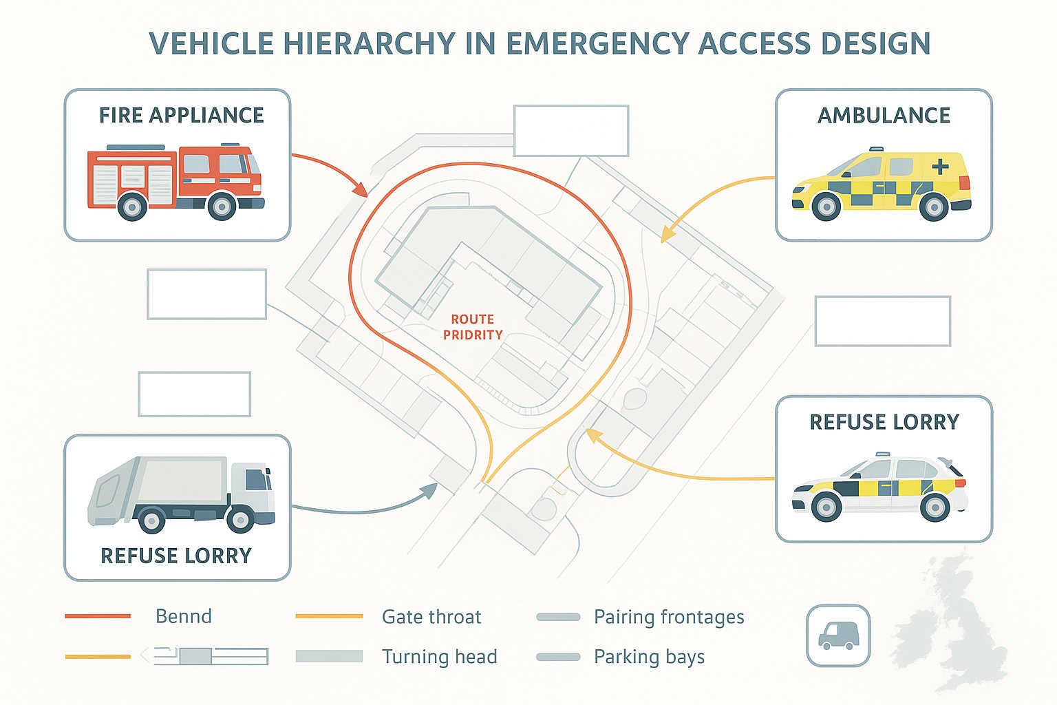Infographic of emergency and service vehicles accessing a UK development site.