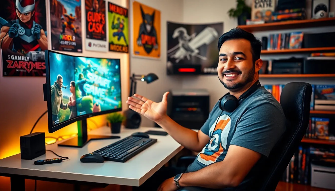 Larry Nando recording gaming content in a vibrant home office.