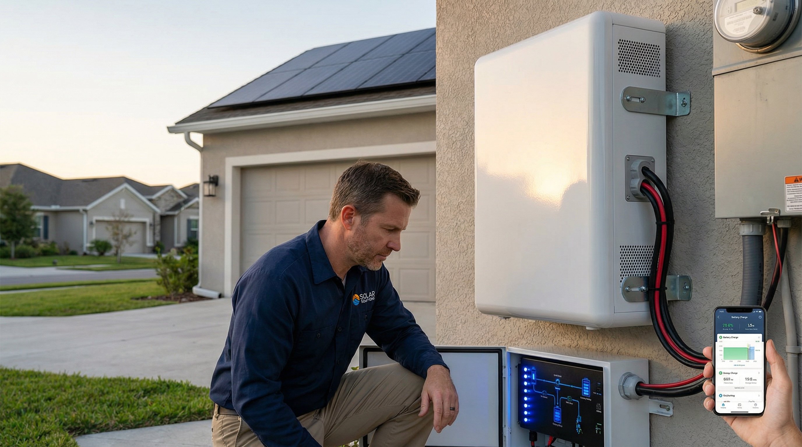 Solar battery storage unit mounted on suburban home with technician monitoring system at sunset.