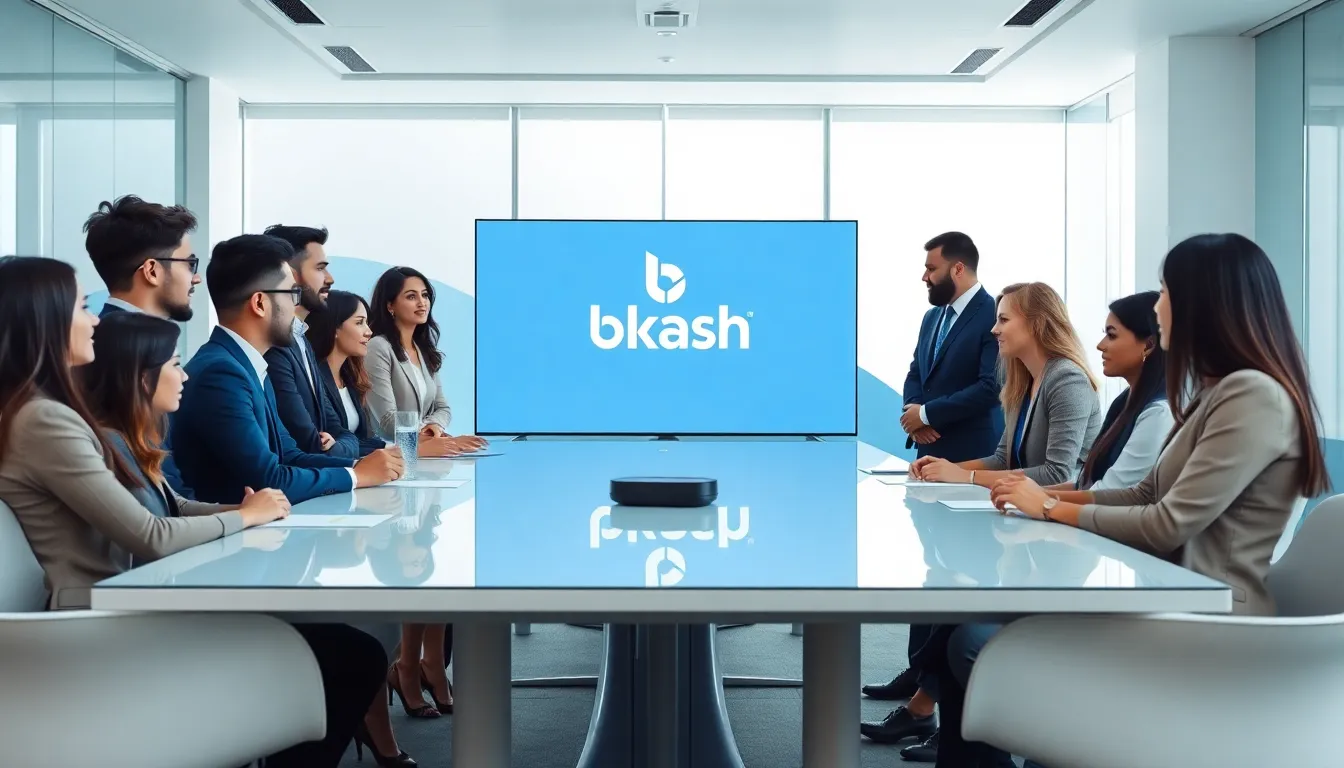 professionals discussing branding in a modern office setting.