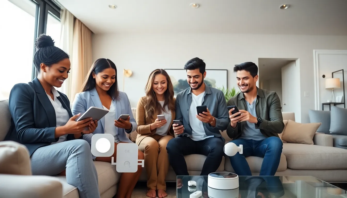 diverse team setting up a home automation kit in a modern living room.