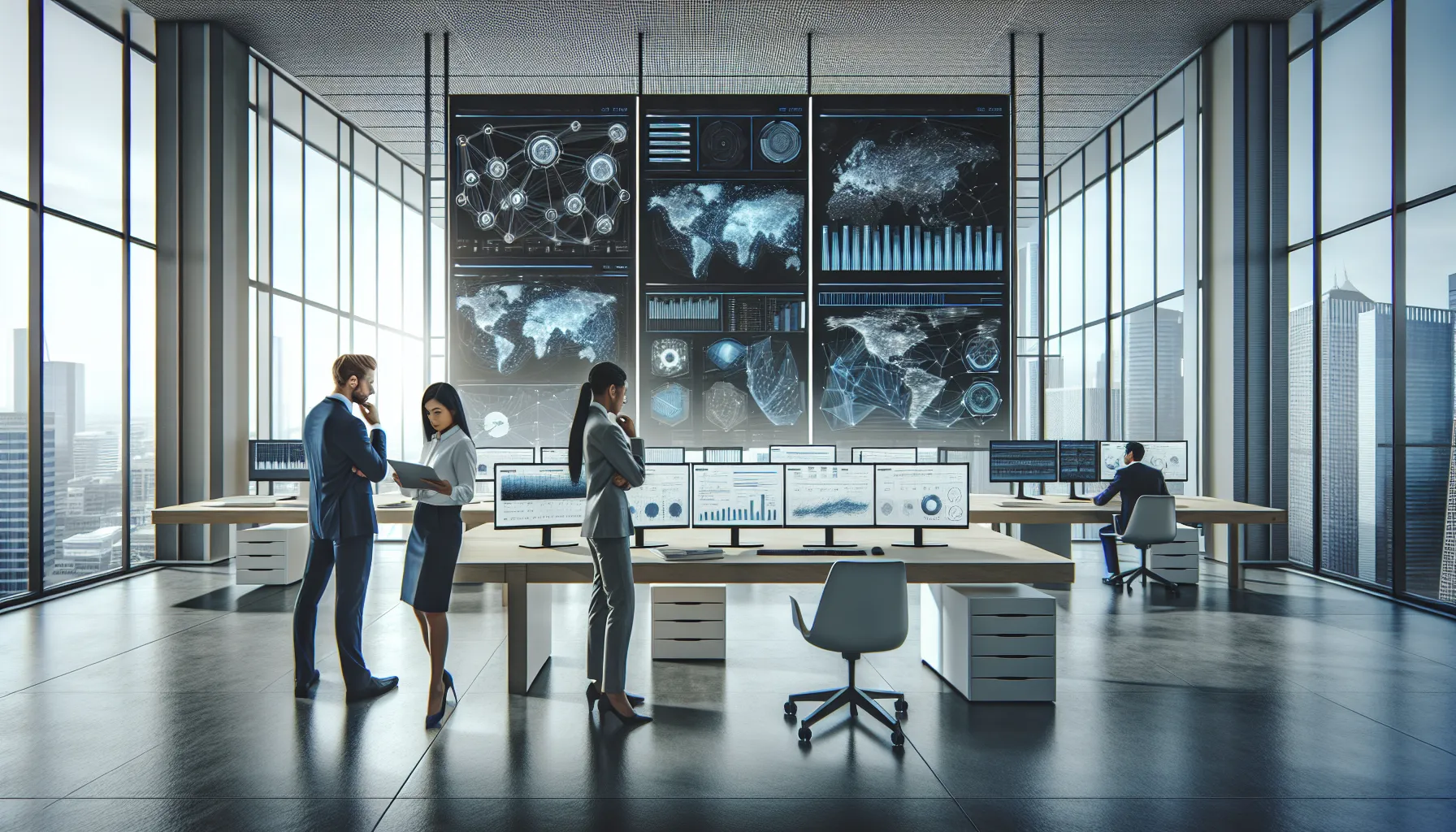 professionals discussing IP addresses in a modern office setting.