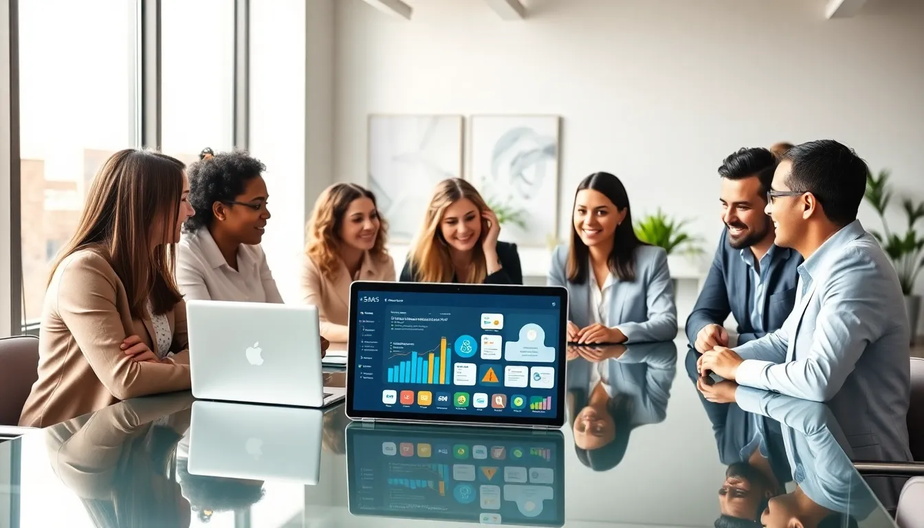 diverse professionals collaborating on SaaS solutions in a modern office.