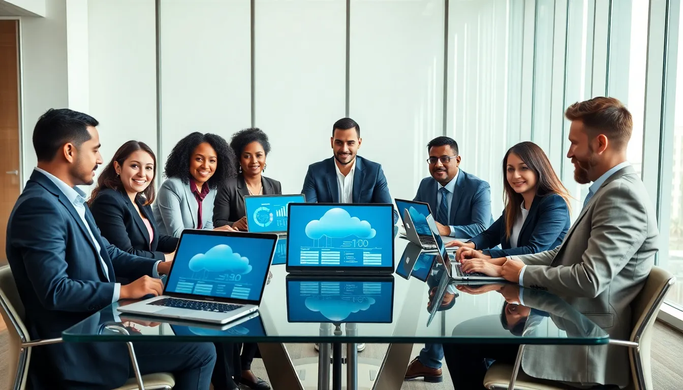 diverse team discussing cloud computing in a modern office.