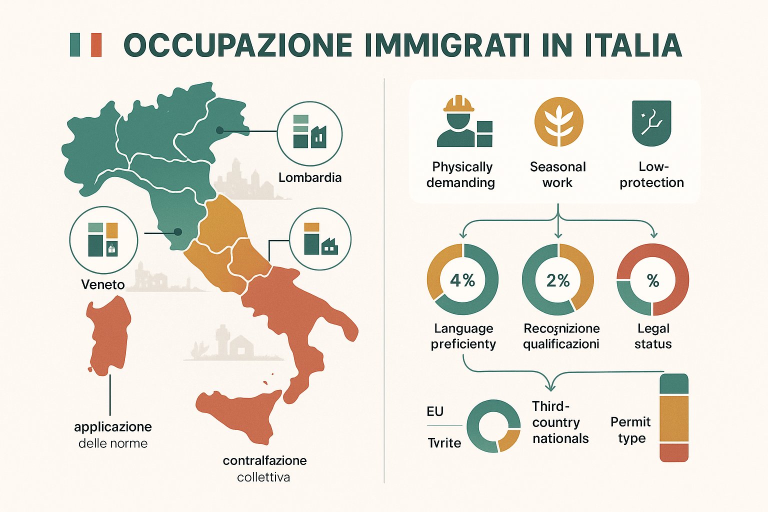 Mappa infografica e grafici che mostrano i modelli regionali di occupazione degli immigrati in Italia.