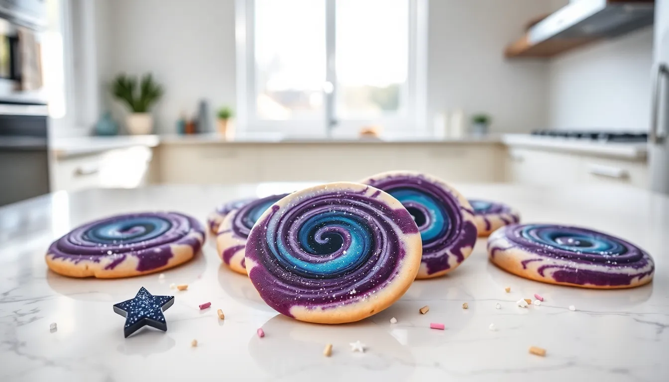 colorful nebula cookies arranged on a marble countertop.