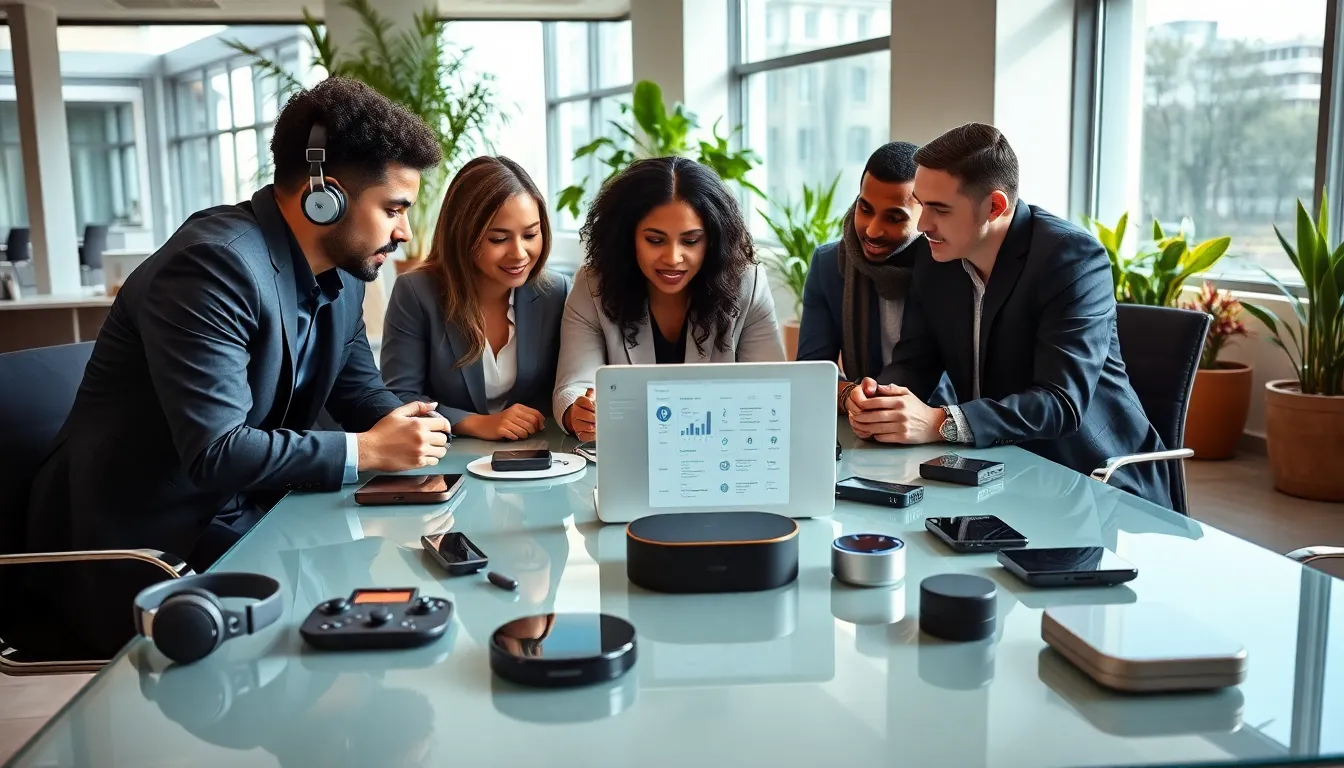 professionals collaborating with various Bluetooth gadgets in a modern office.