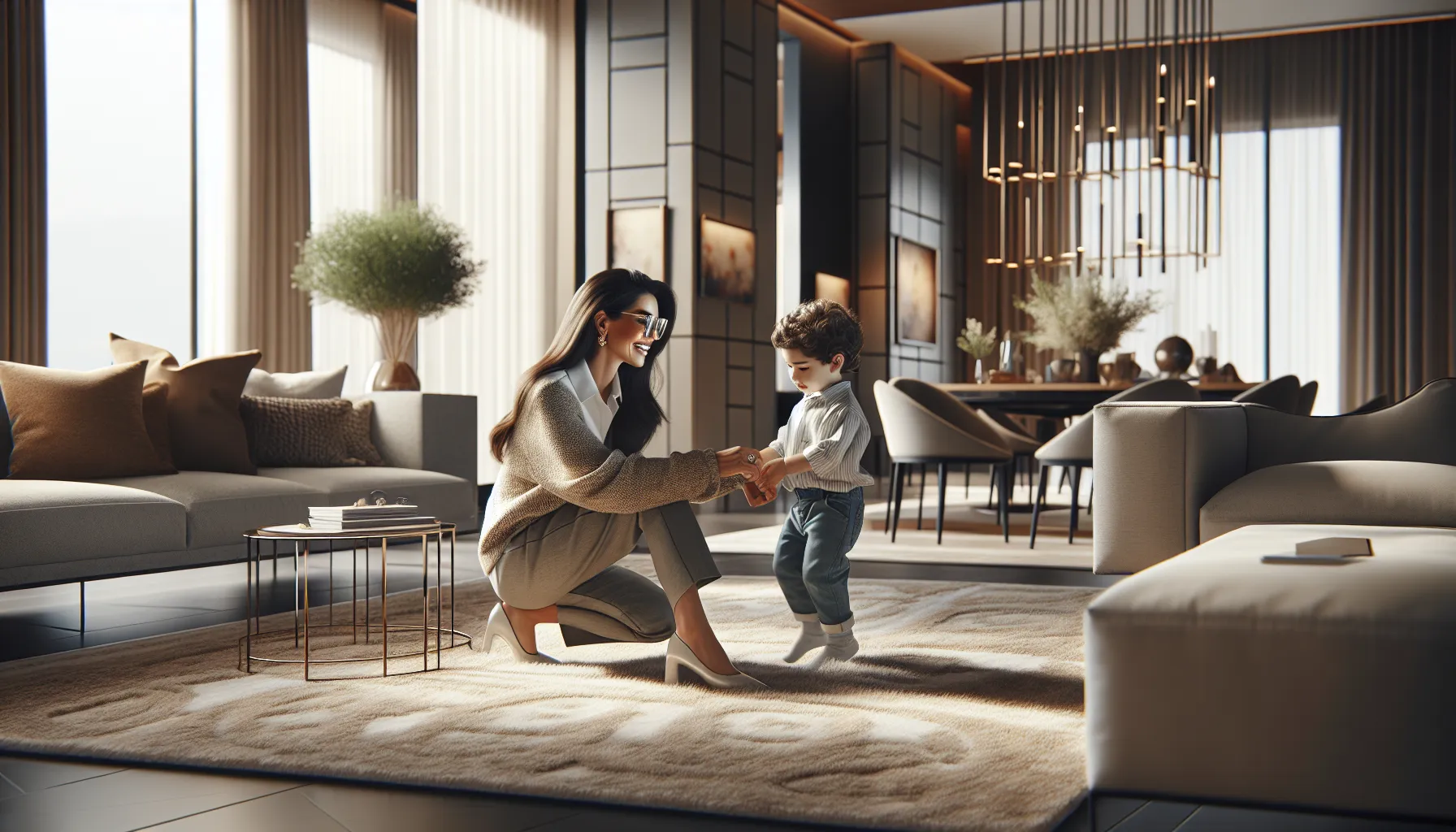 celebrity mom interacting playfully with her child in a stylish living room.