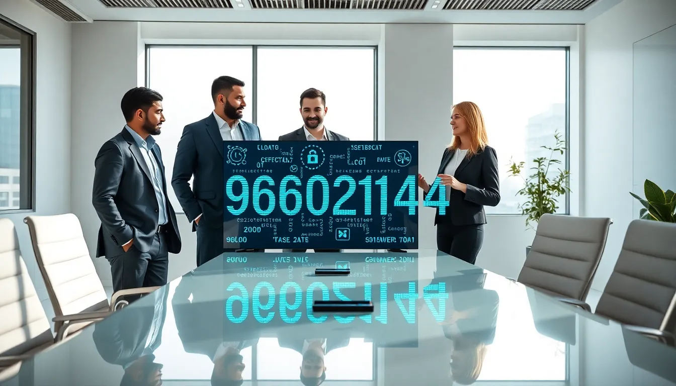 professionals collaborating on a digital display featuring the number 963021434.