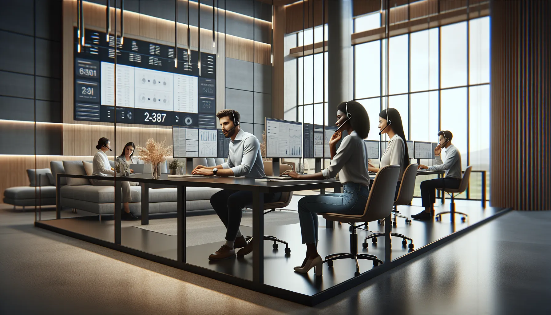 customer service team assisting clients in a modern call center.