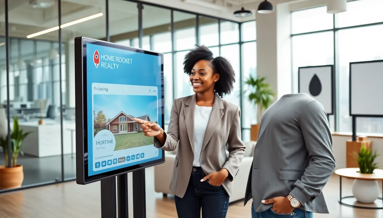 A woman exploring a digital home listing in a modern real estate office.