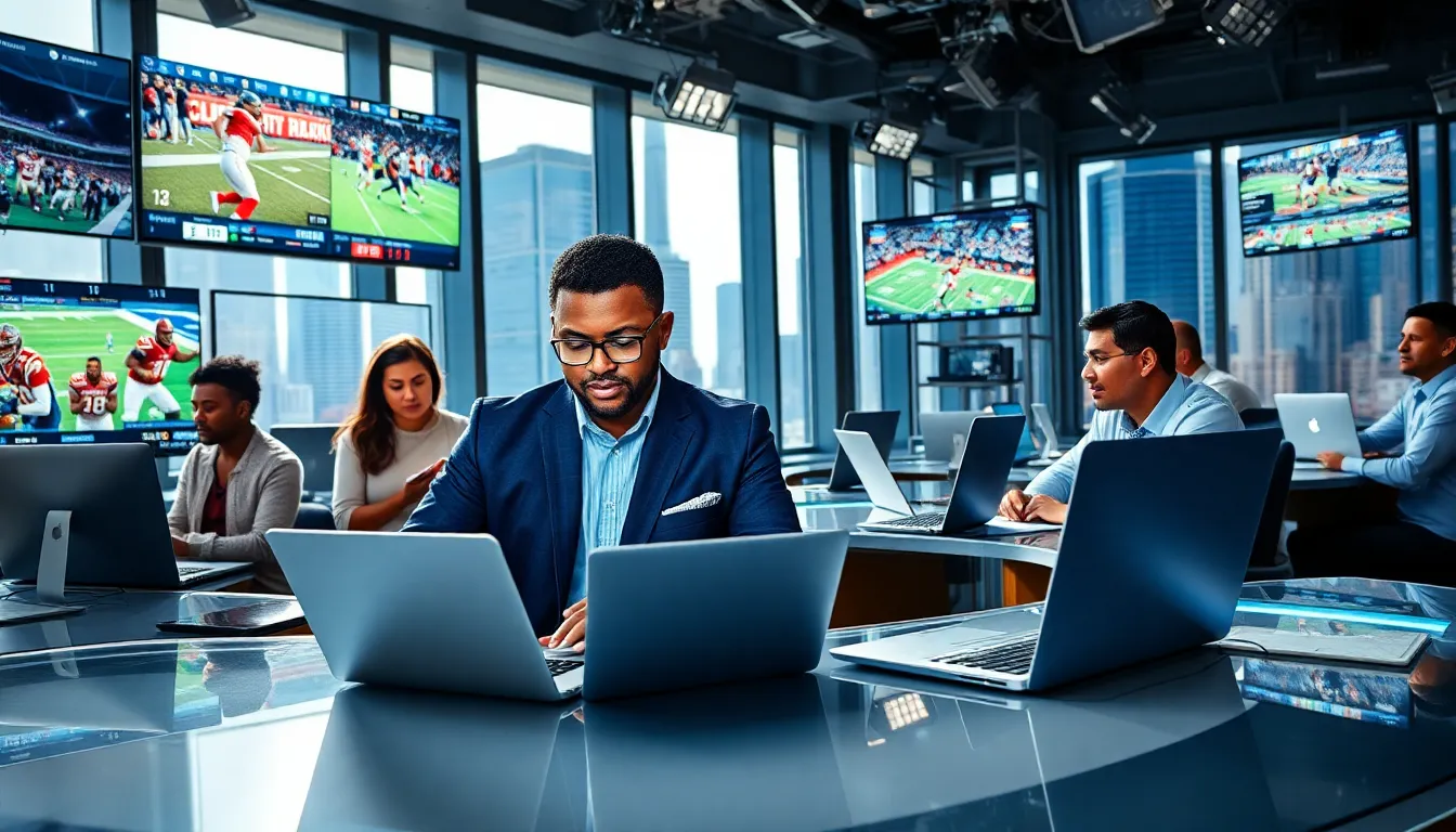 a busy sports news room with journalists analyzing live sports updates.
