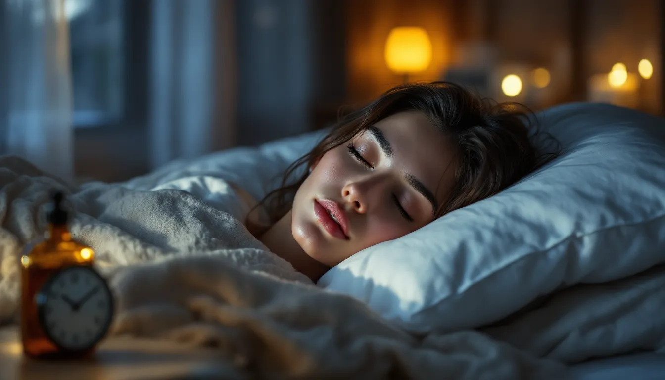 Woman sleeping peacefully at night with glowing, healthy skin on white pillow.