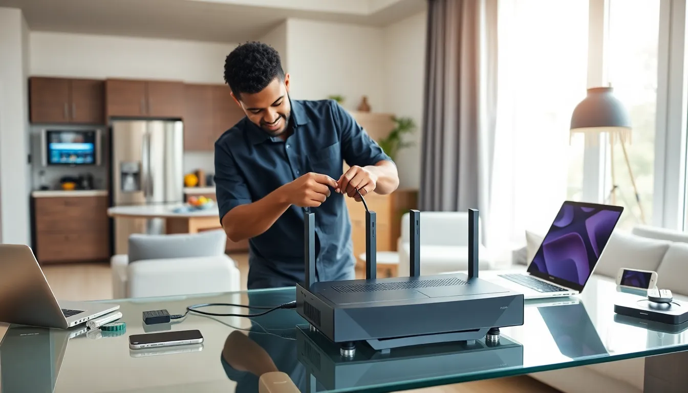 technician installing home networking equipment in a modern home setting.