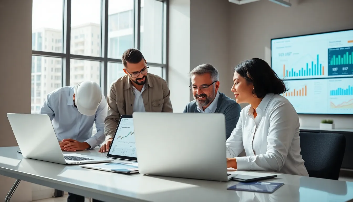 diverse team working on construction budgeting software in a modern office.