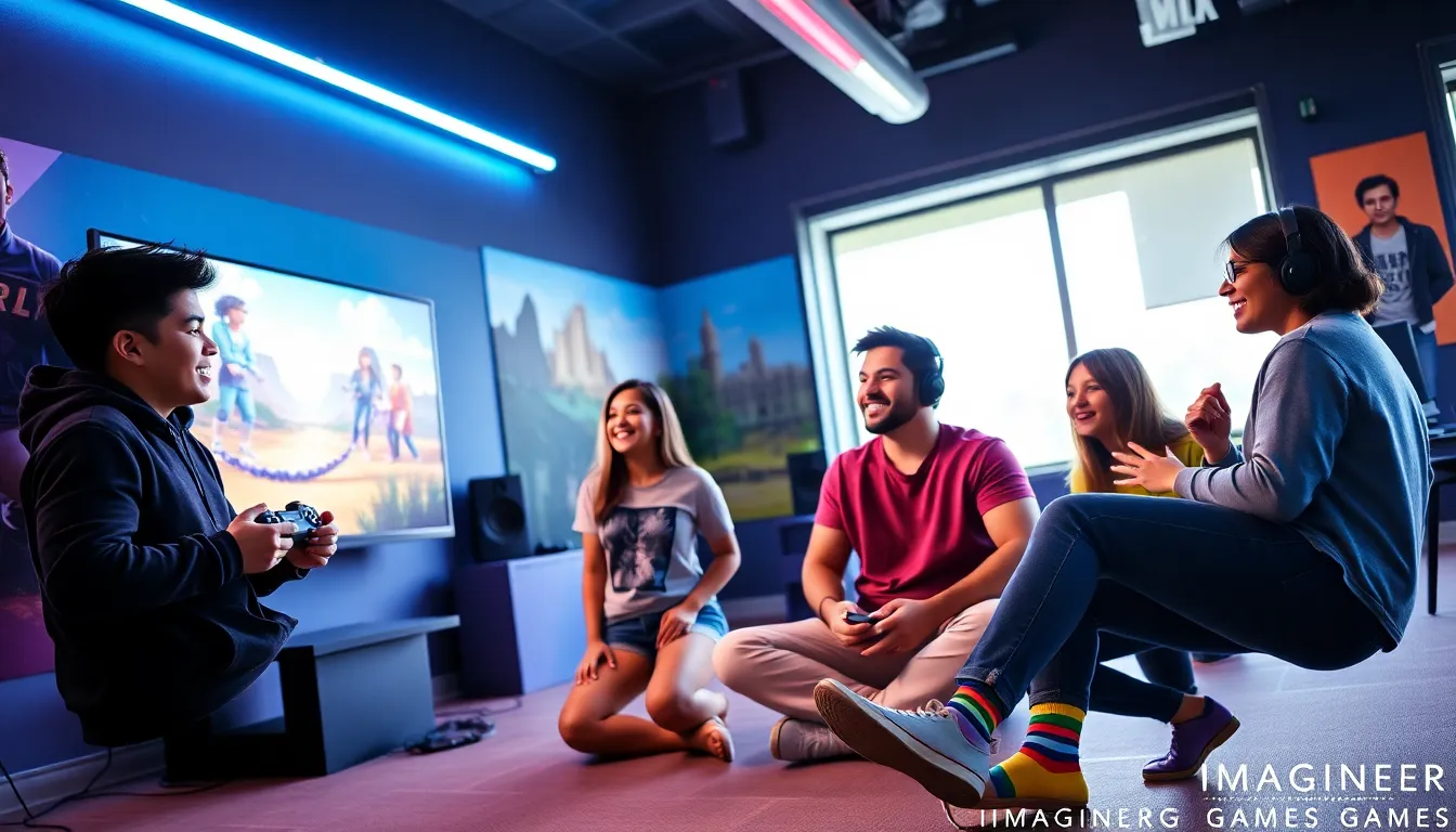 a diverse group of young adults playing PlayStation games in a modern studio.