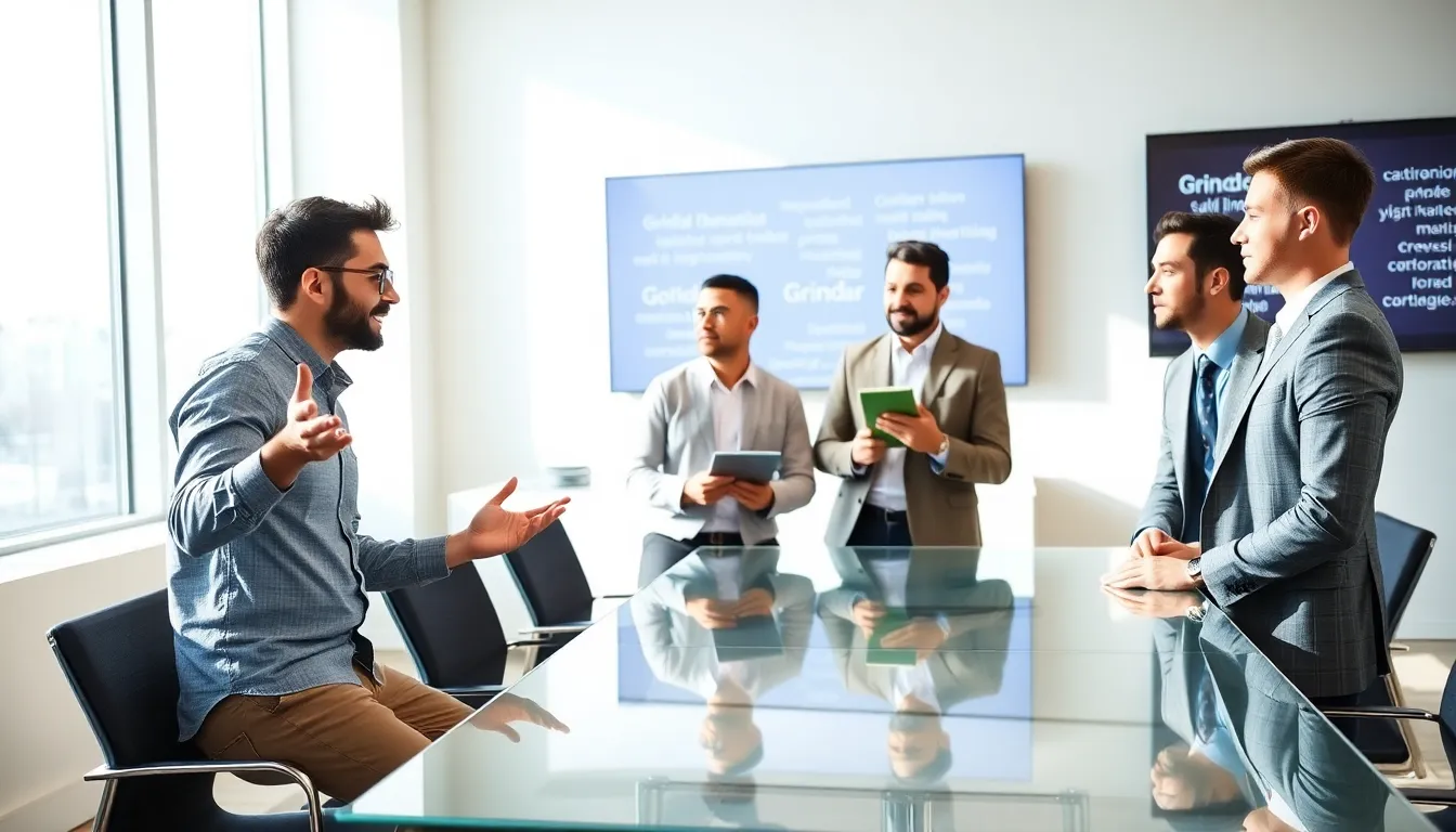 diverse group discussing Grindr terminology in a modern office.