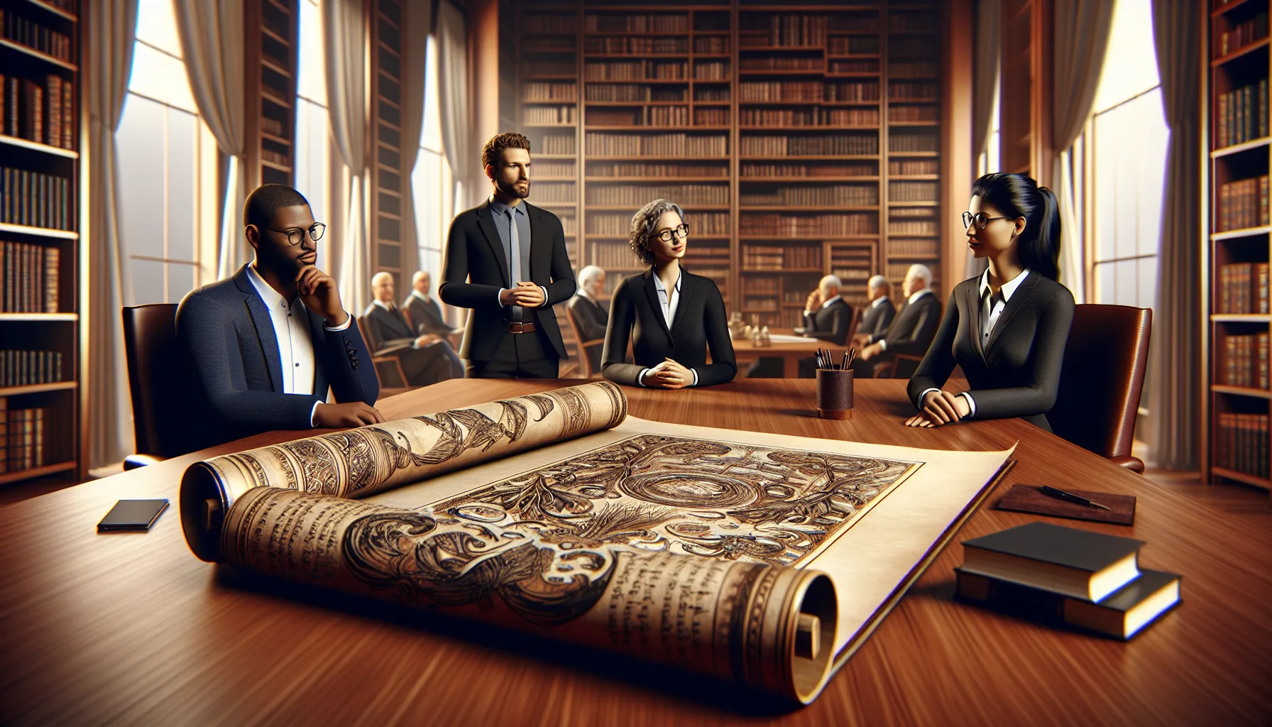 scholars discussing ancient manuscript in a modern library setting.