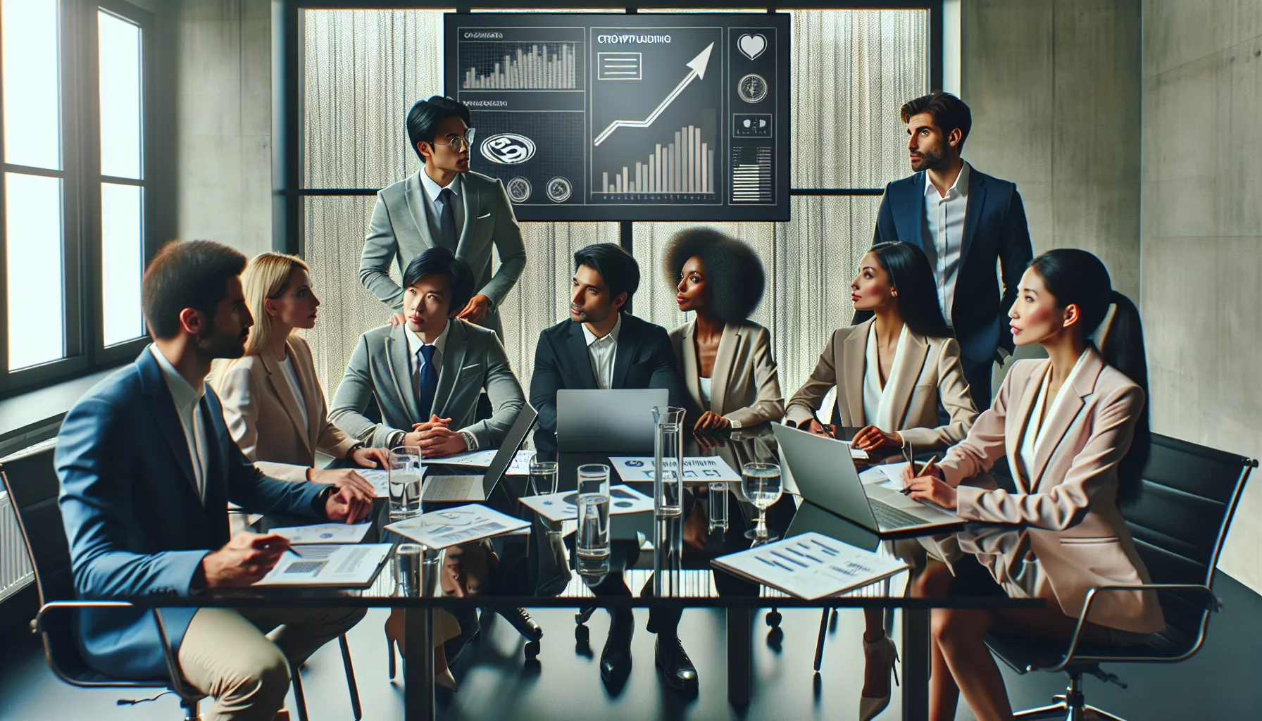 diverse team discussing crowdfunding ideas in a modern office.