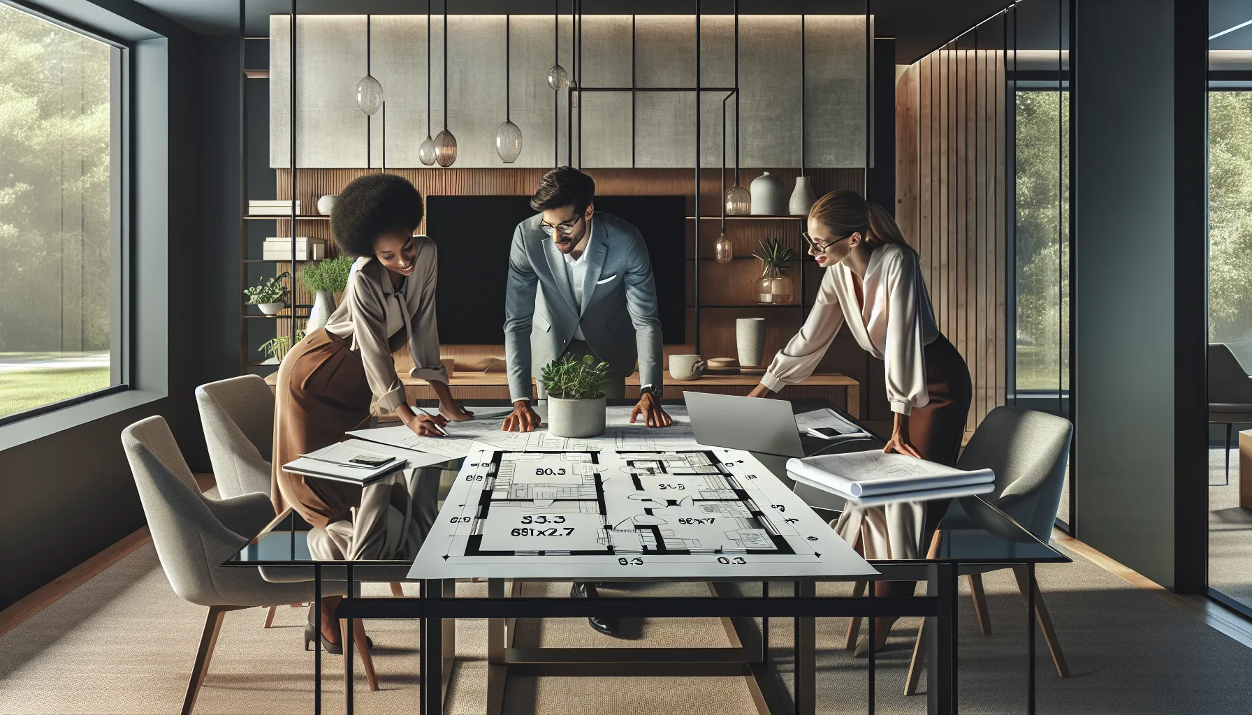 diverse team discussing home design dimensions in a modern office.