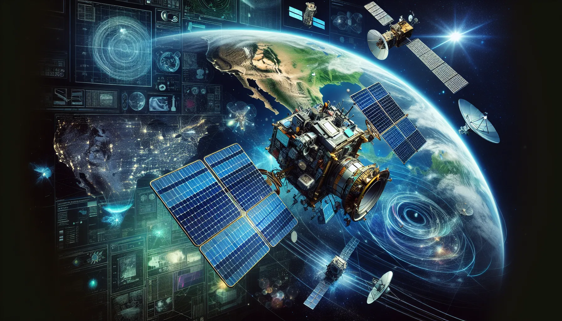 Various satellite types showcased against a space backdrop.