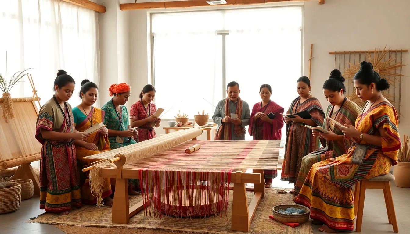 artisans weaving colorful fabrics in a modern studio.