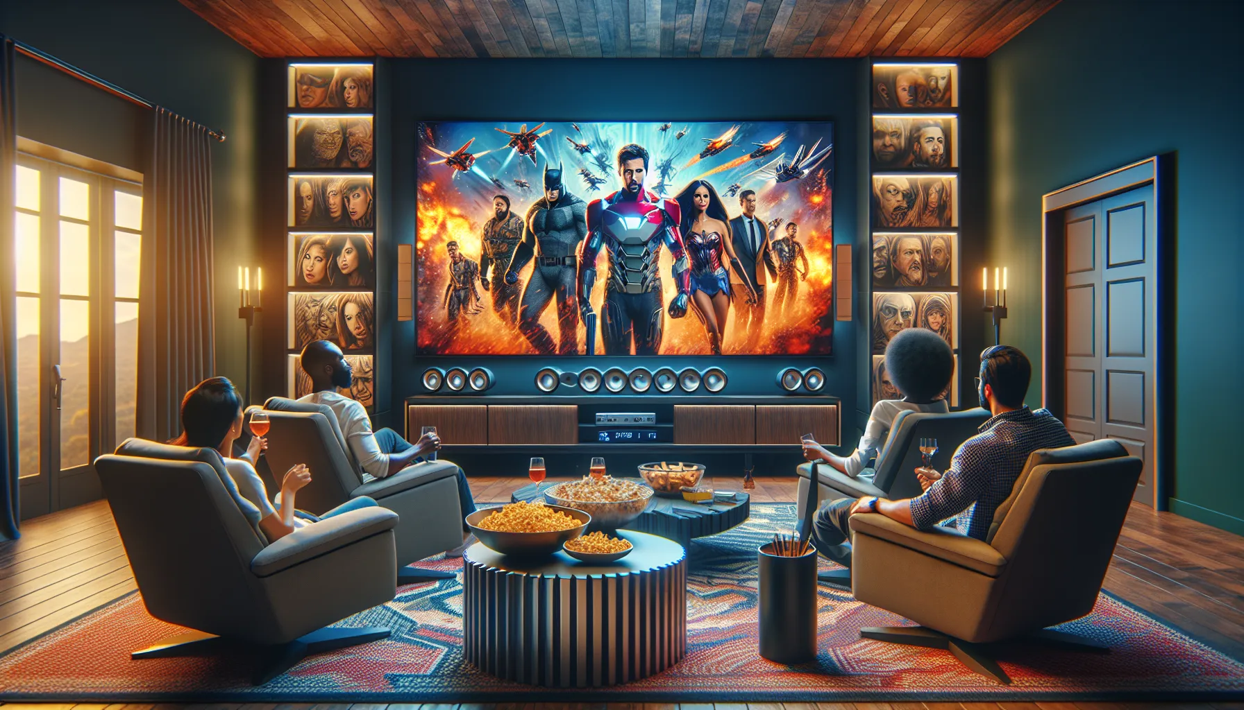 home theater displaying Telugu movies with engaged viewers.