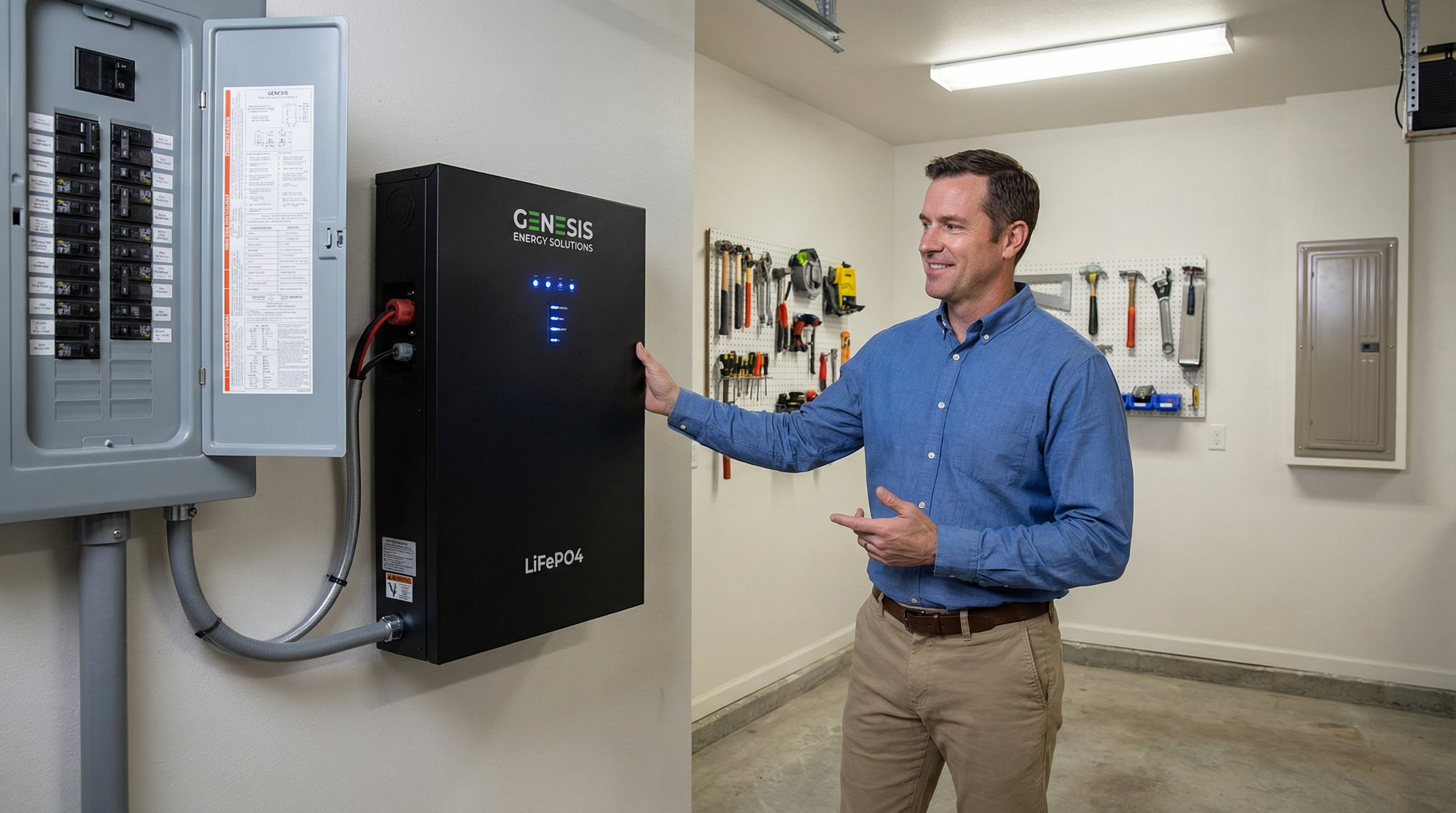 Homeowner beside wall-mounted home battery backup system in modern utility room.