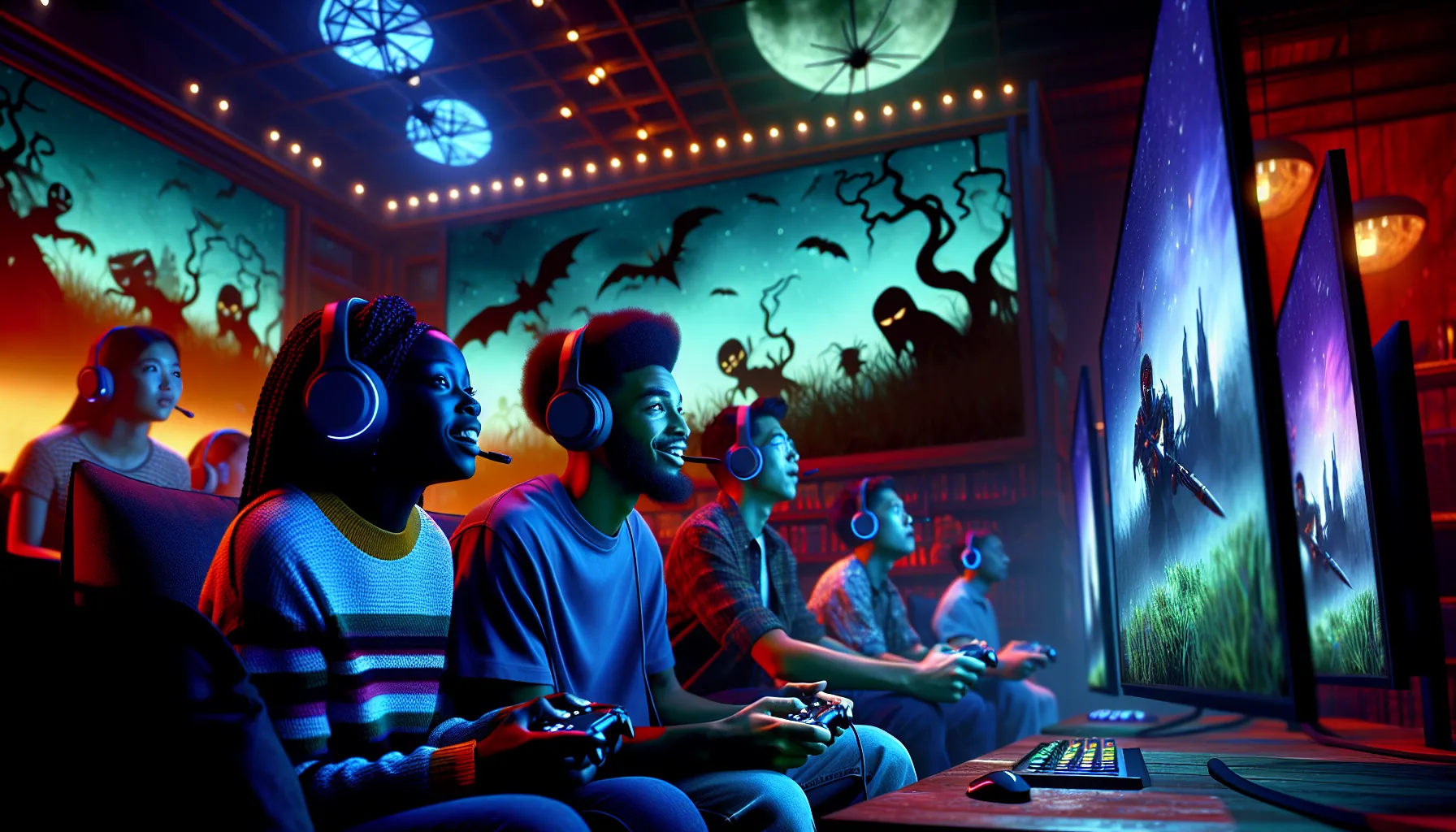 diverse gamers enjoying immersive horror-themed video games.