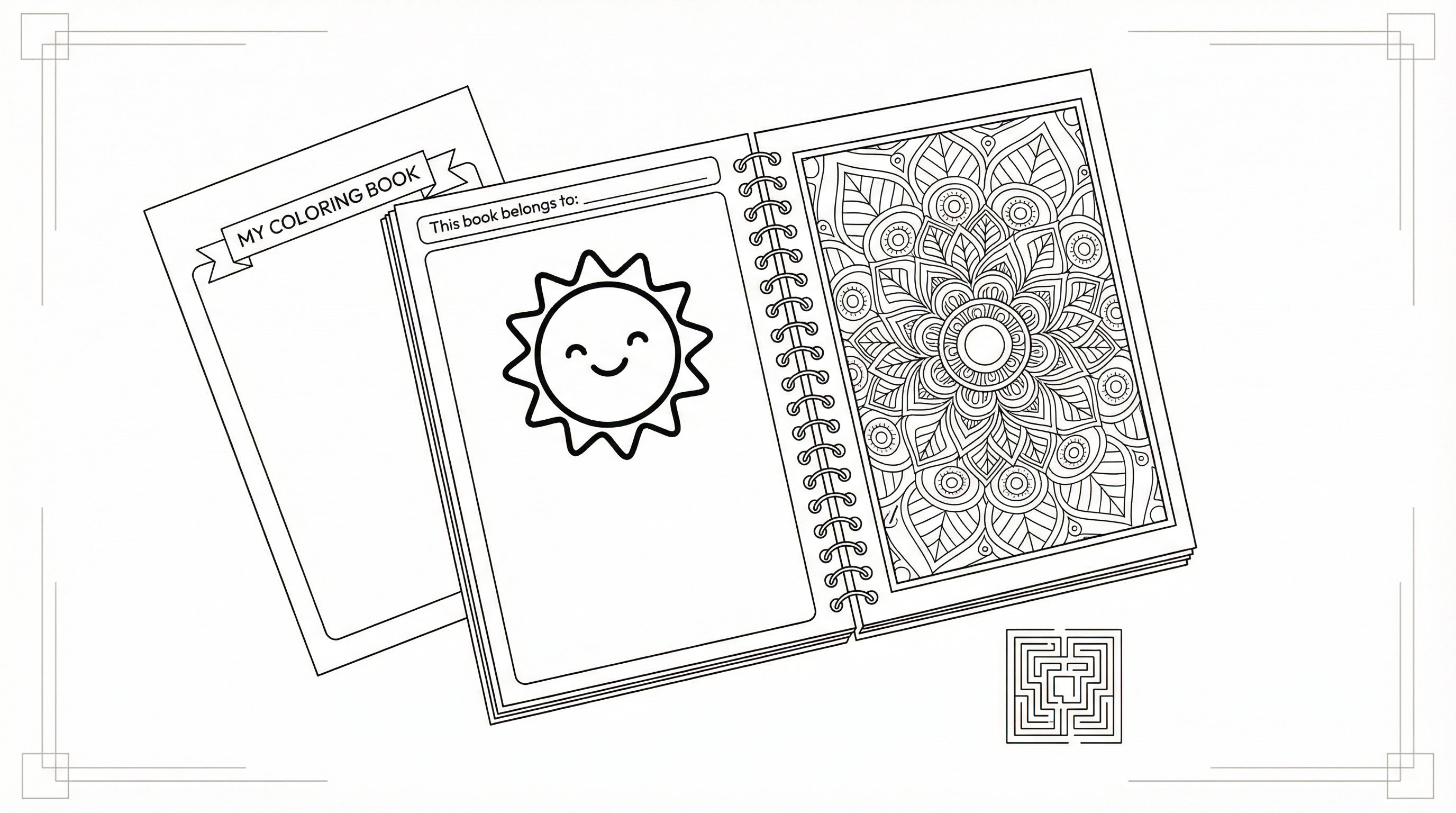 Open custom coloring book with simple and detailed printable pages.