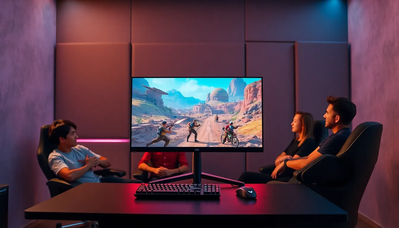 a diverse group gaming around a large gaming monitor in a modern room.