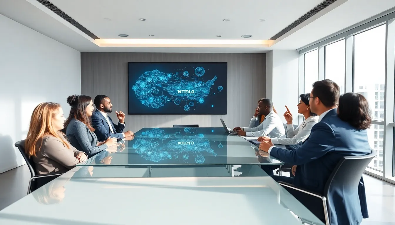 diverse professionals discussing technology concepts in a modern conference room.