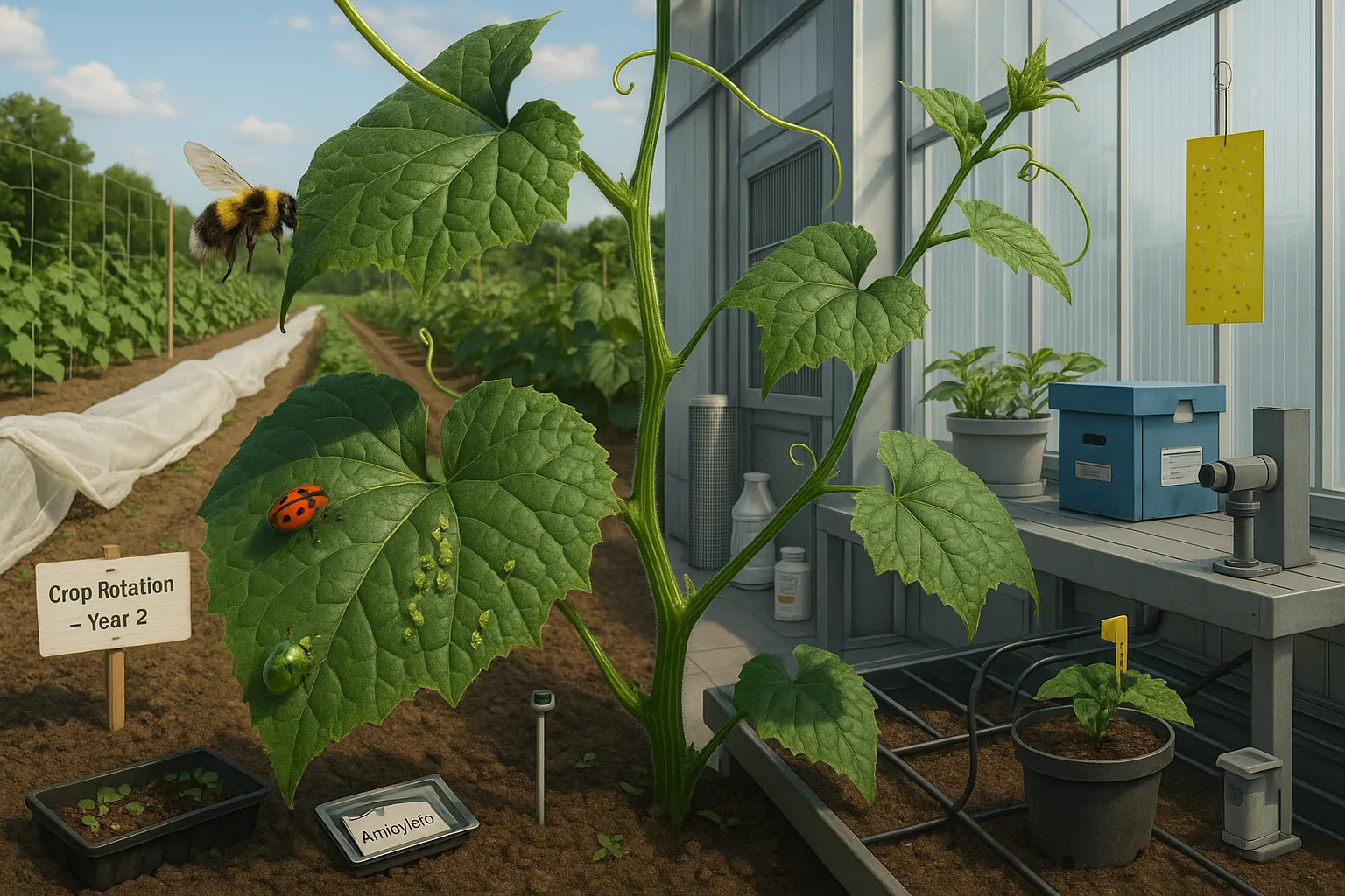 Cucumber vine bridging sunny outdoor row and diffused-light greenhouse with pests and pollination tools.