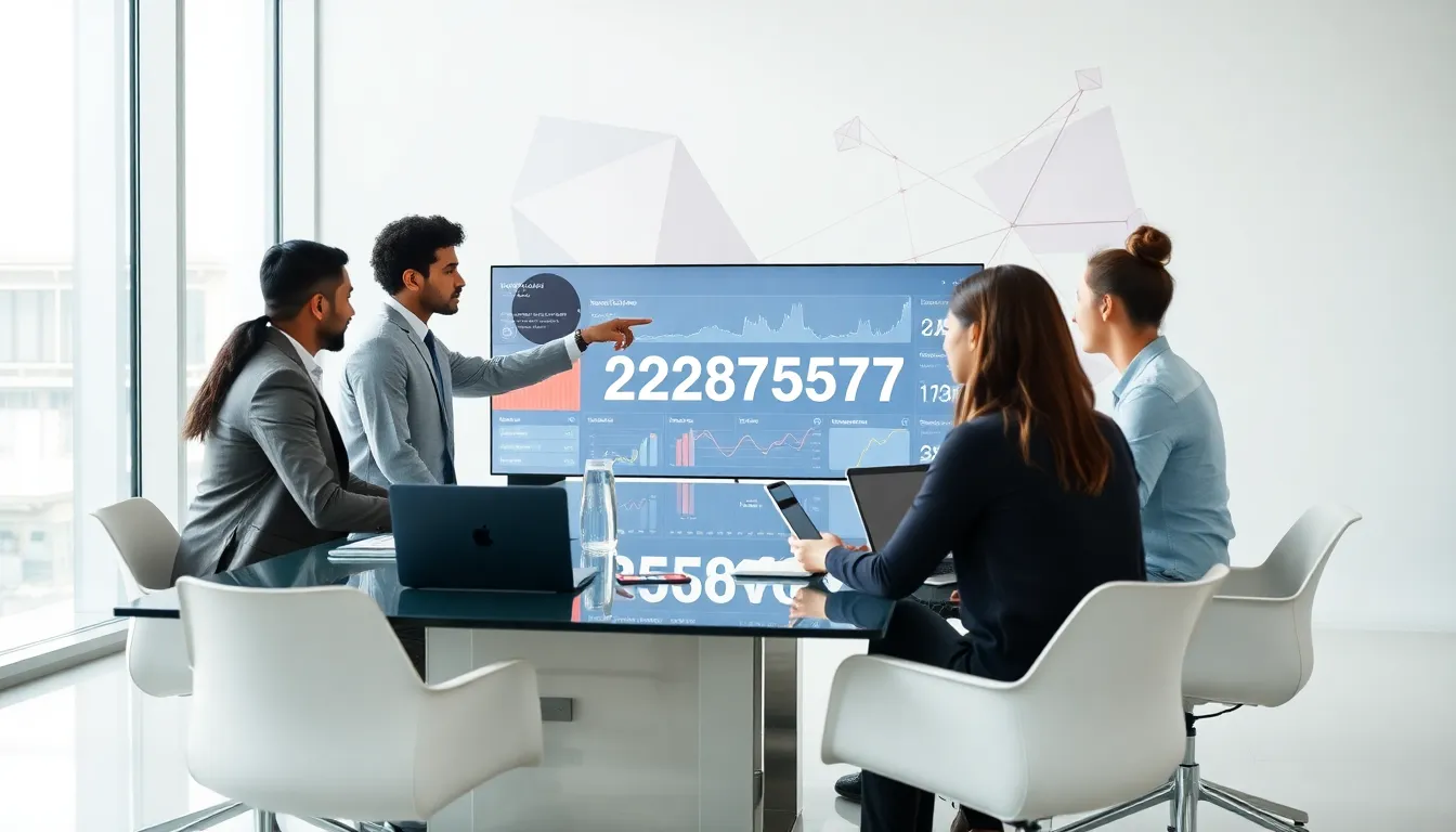diverse team collaborating around data visualizations in a modern office.