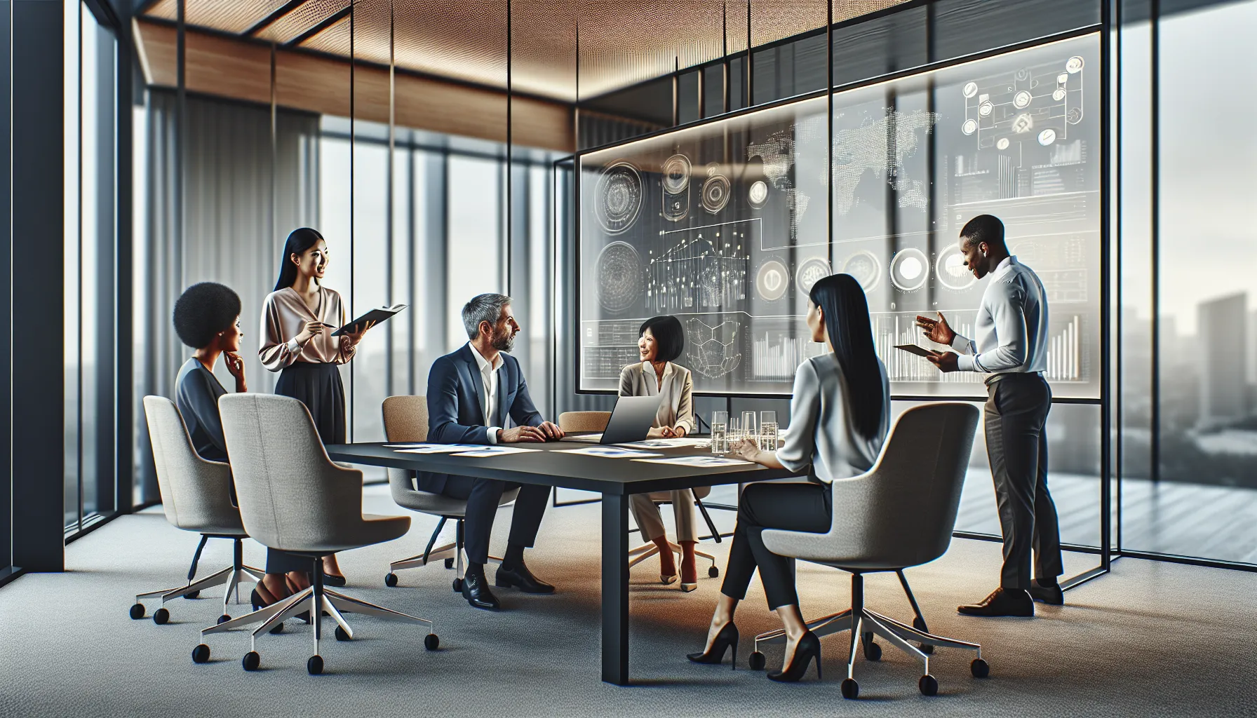 diverse team analyzing data in a modern office setting.