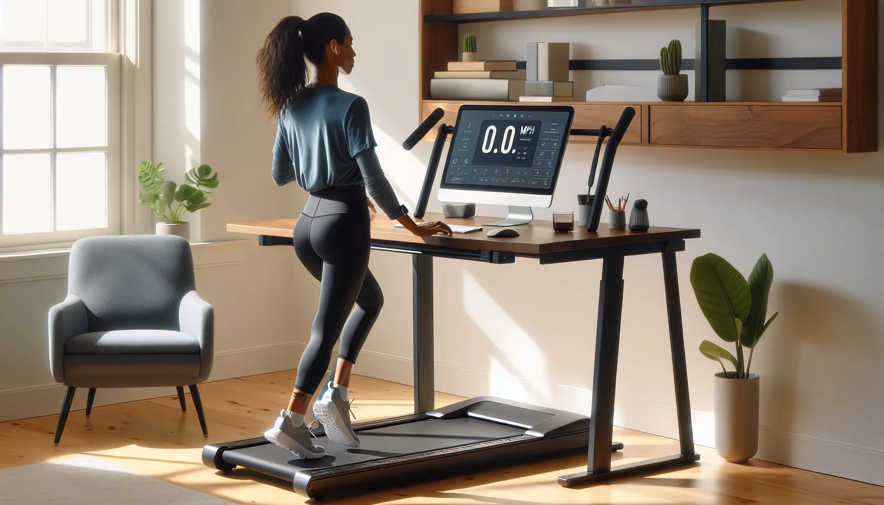 Woman raises under-desk treadmill handle to jog beside a standing desk.