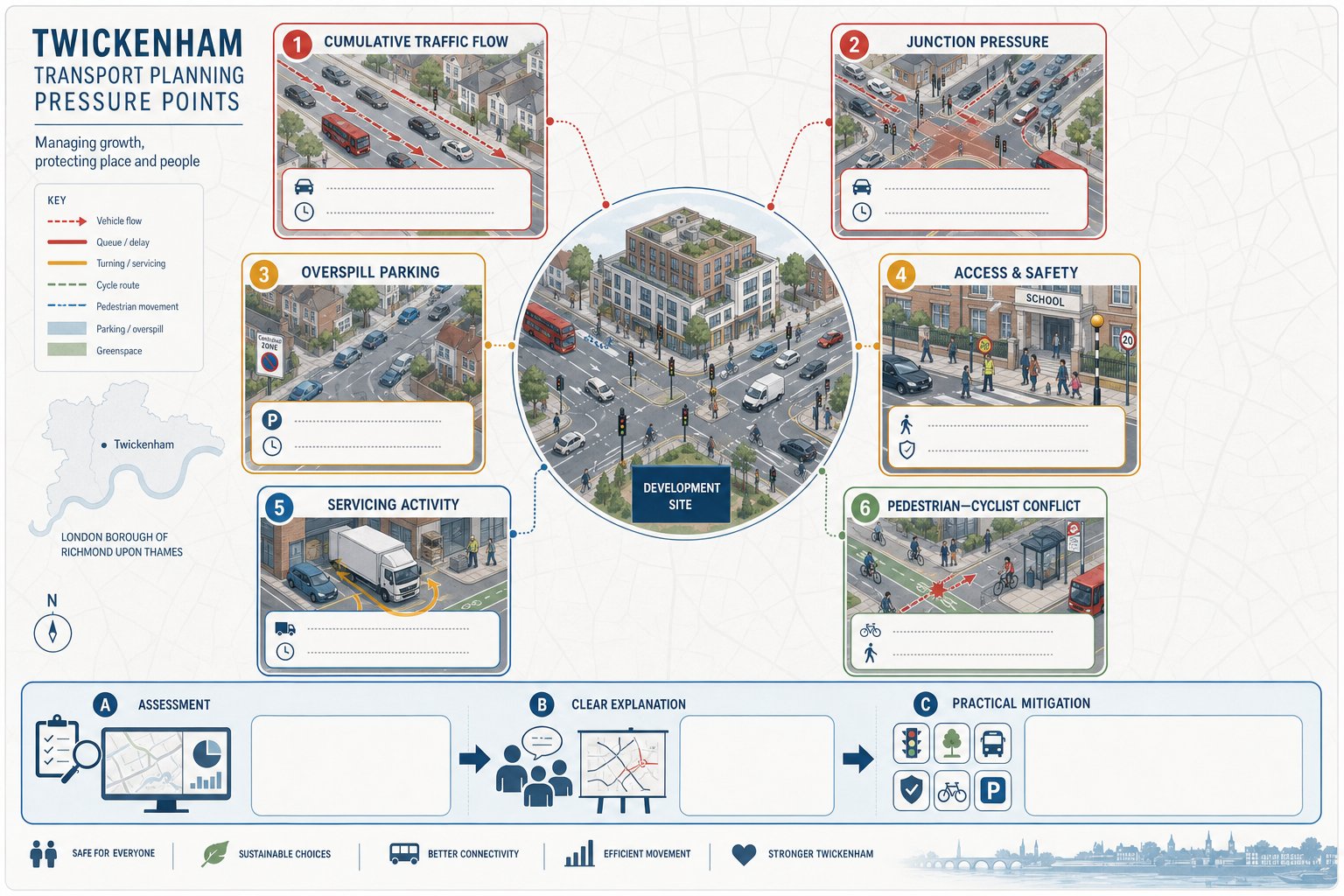 Infographic of key traffic and transport issues around Twickenham development sites.