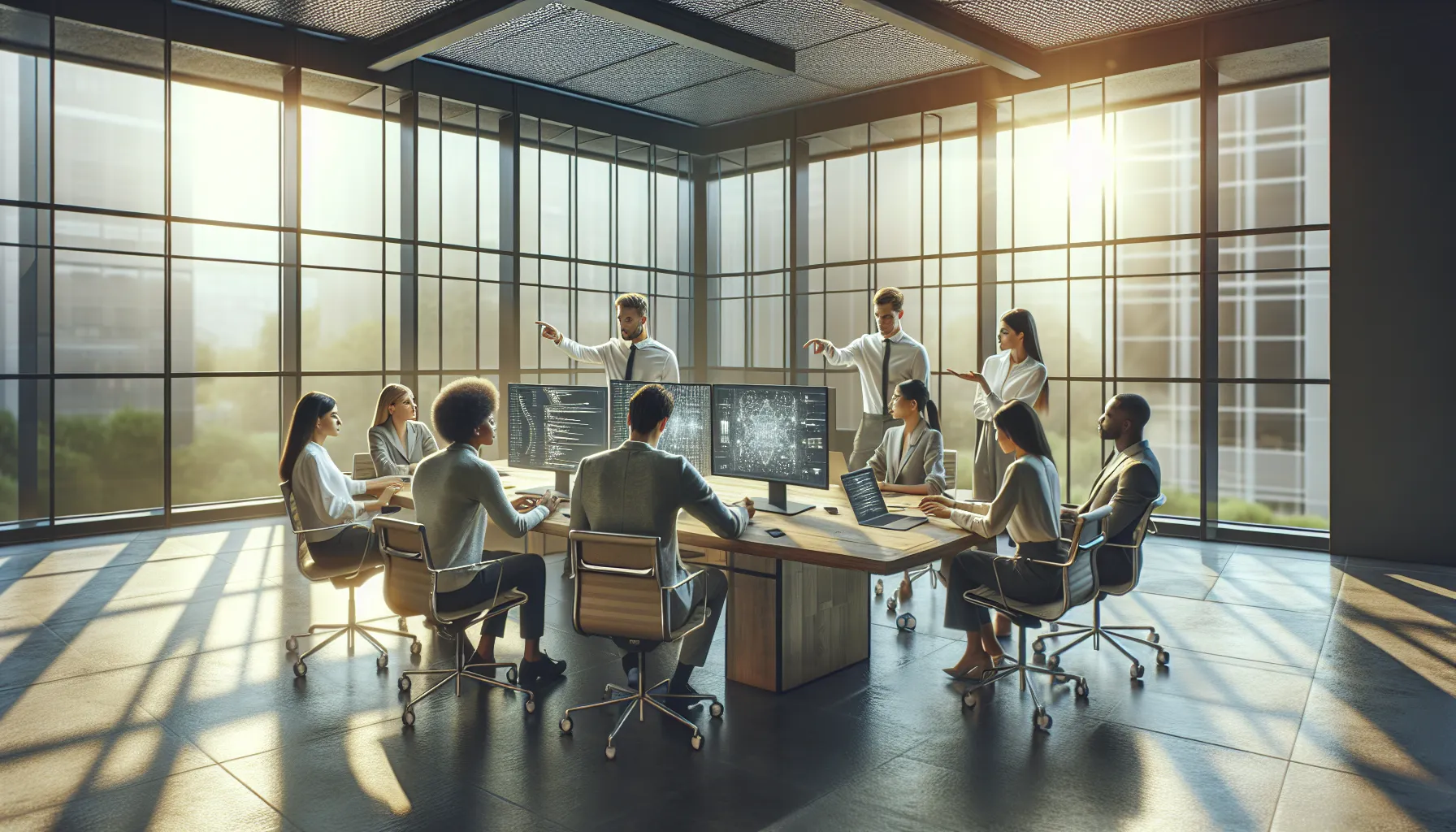 diverse team collaborating on technology in a modern office.