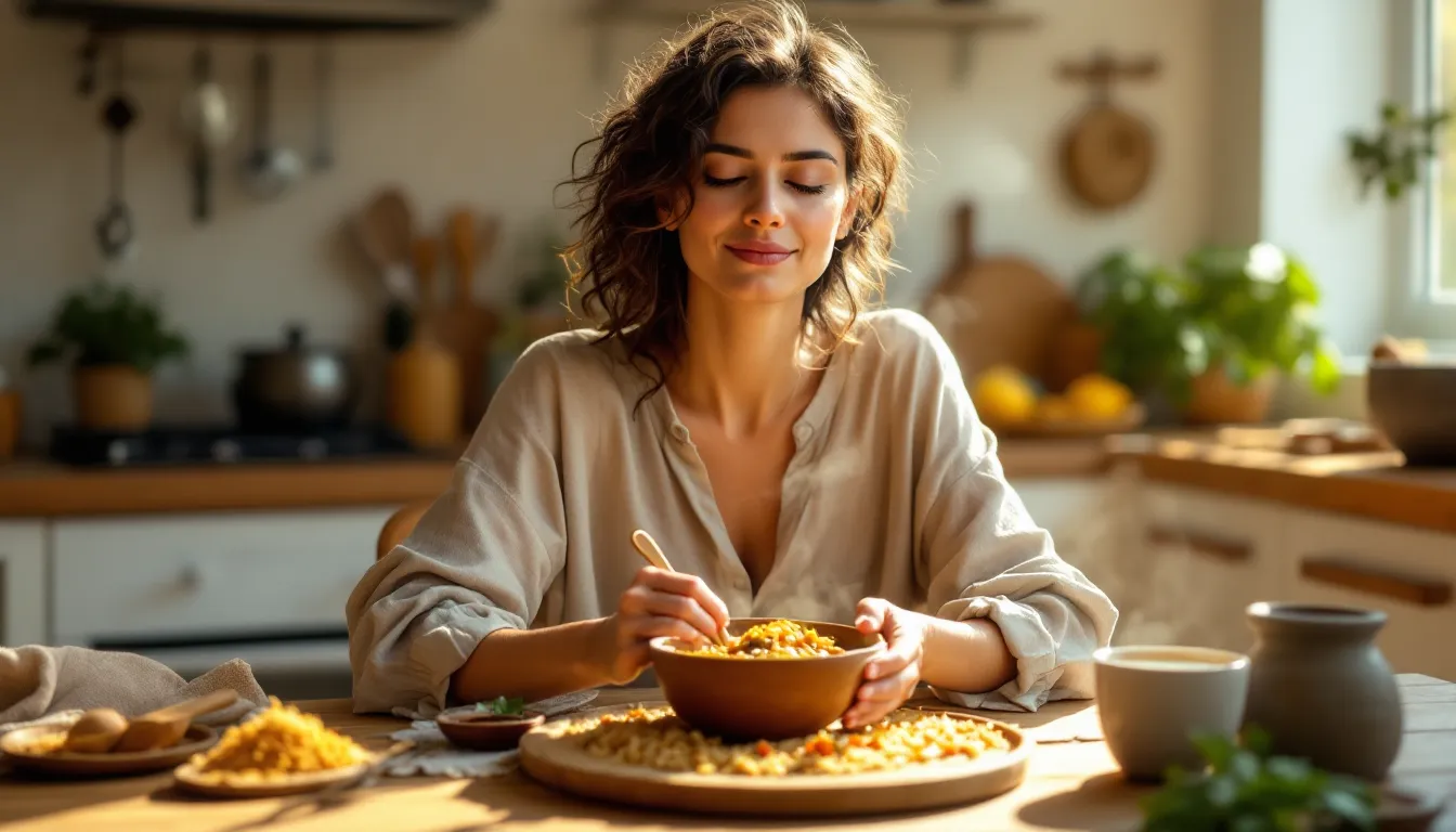 Woman in her 40s mindfully eating a warm Ayurvedic lentil stew at a sunlit table.