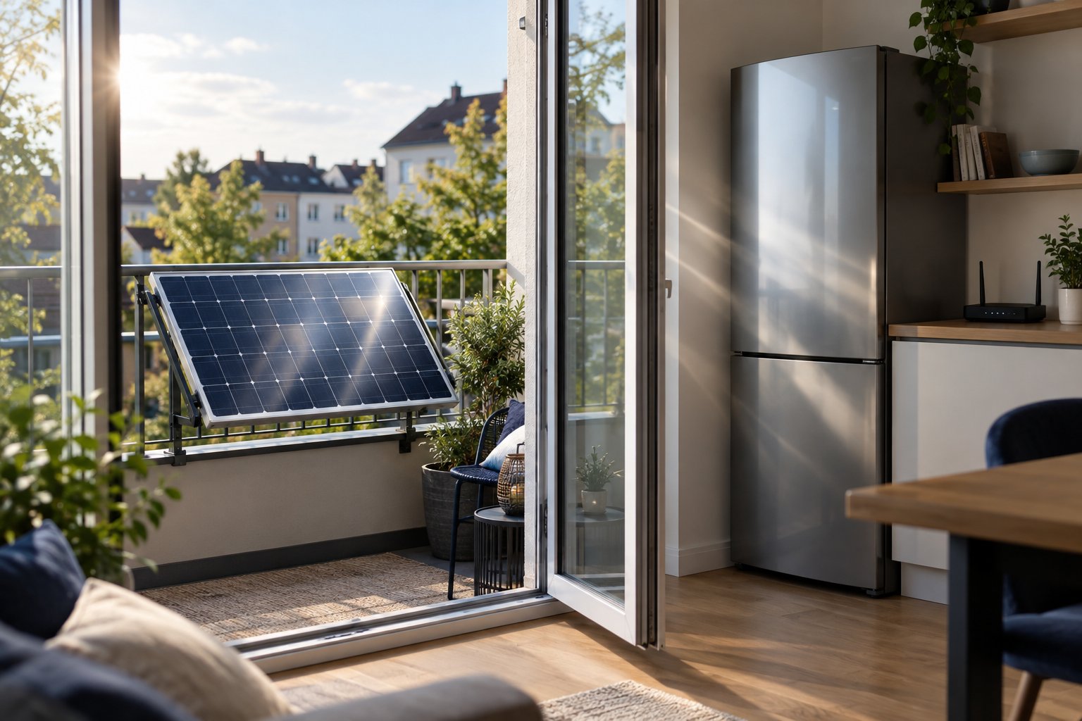 Solarmodul am Balkon neben typischen elektrischen Haushaltsgeräten