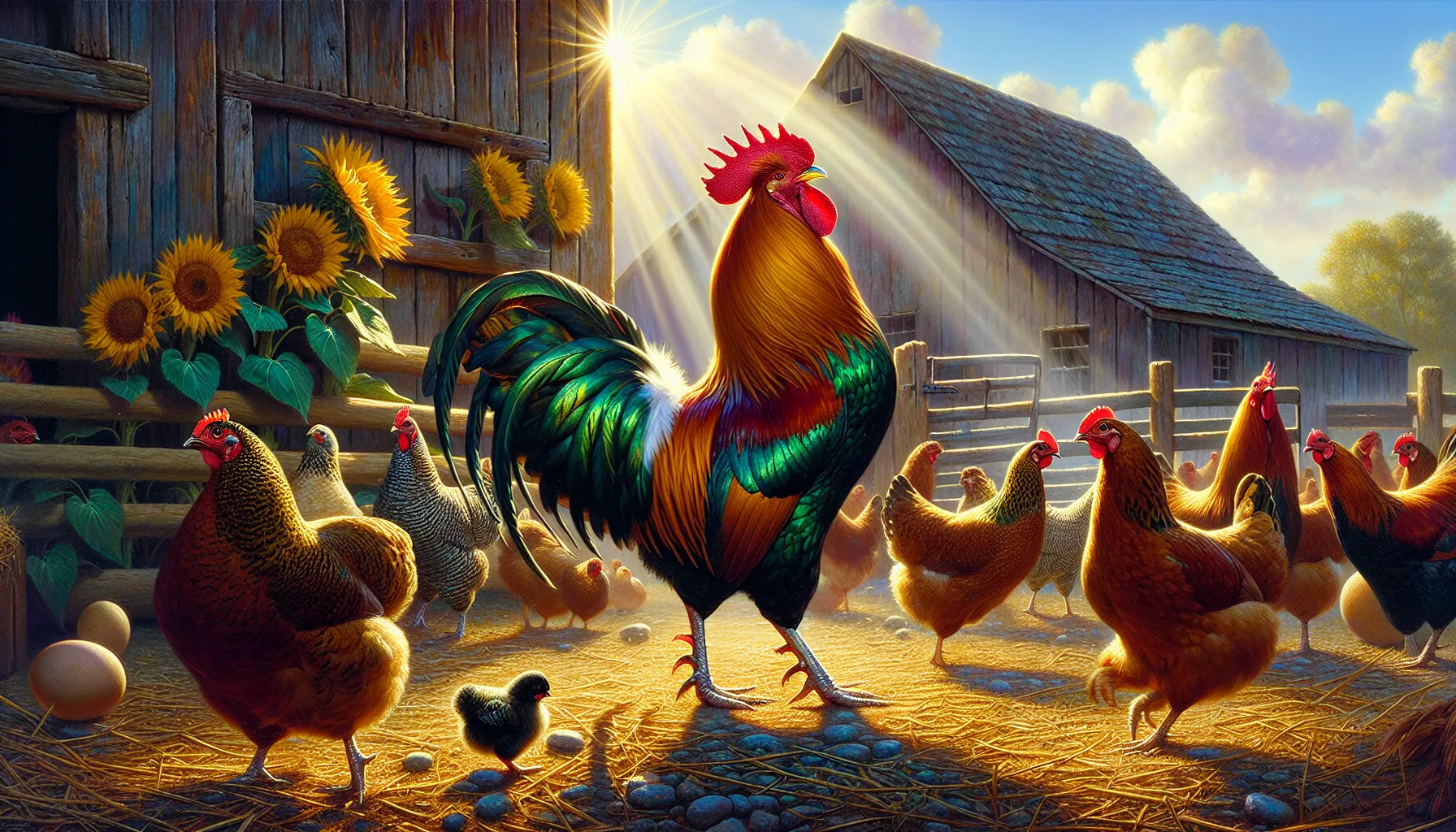 A proud rooster stands near foraging hens in a sunny barnyard.