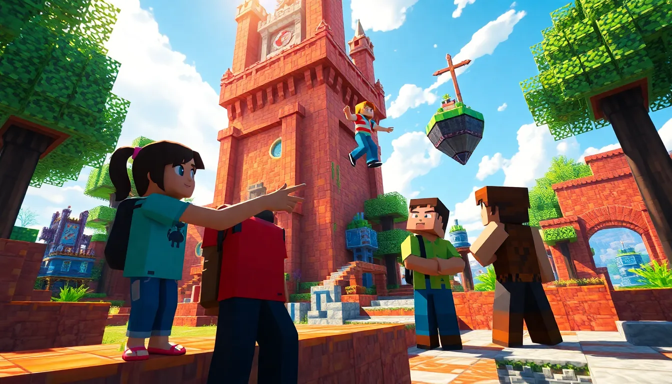 children playing Minecraft in a colorful custom game environment.