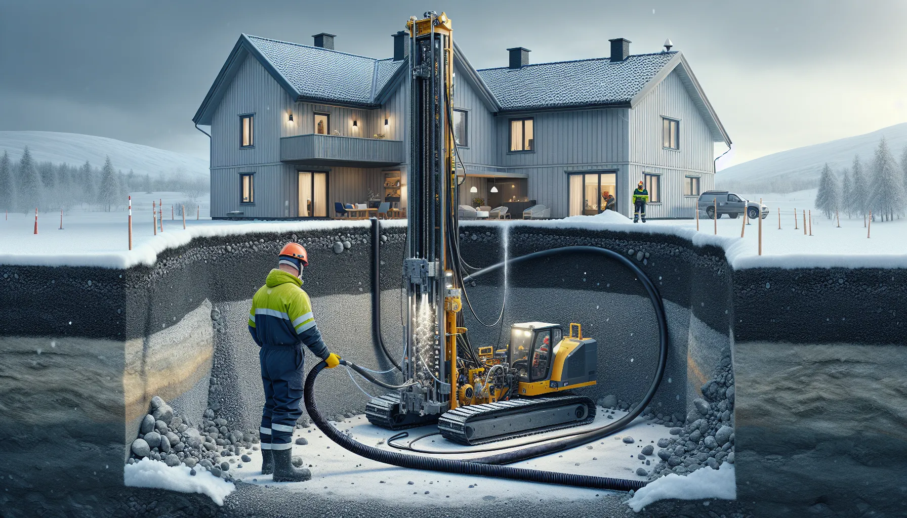 Norwegian house with drilling rig and cutaway showing geothermal heat pump system.