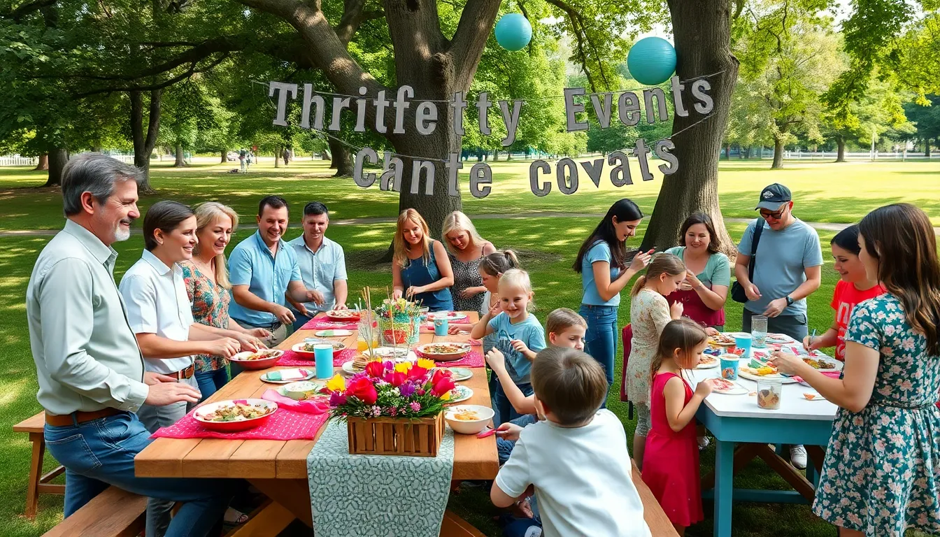 diverse community gathering at a park, enjoying thrifty events.