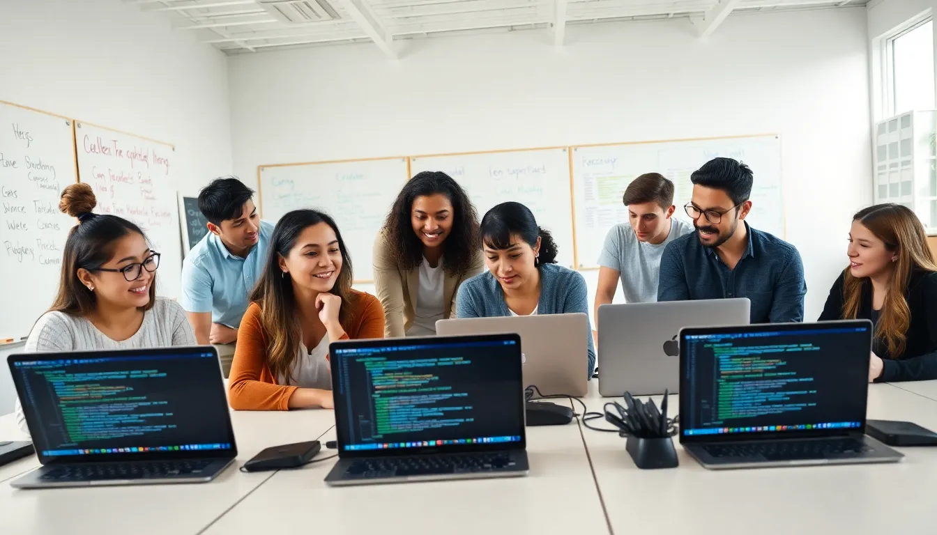 diverse team in a tech bootcamp working on programming projects.