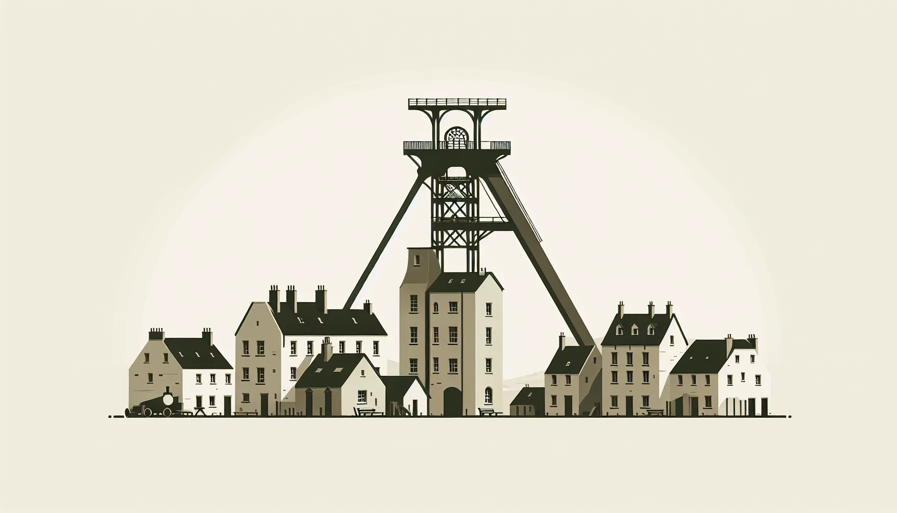 Simple geometric illustration of a 19th-century French mining village with industrial buildings.