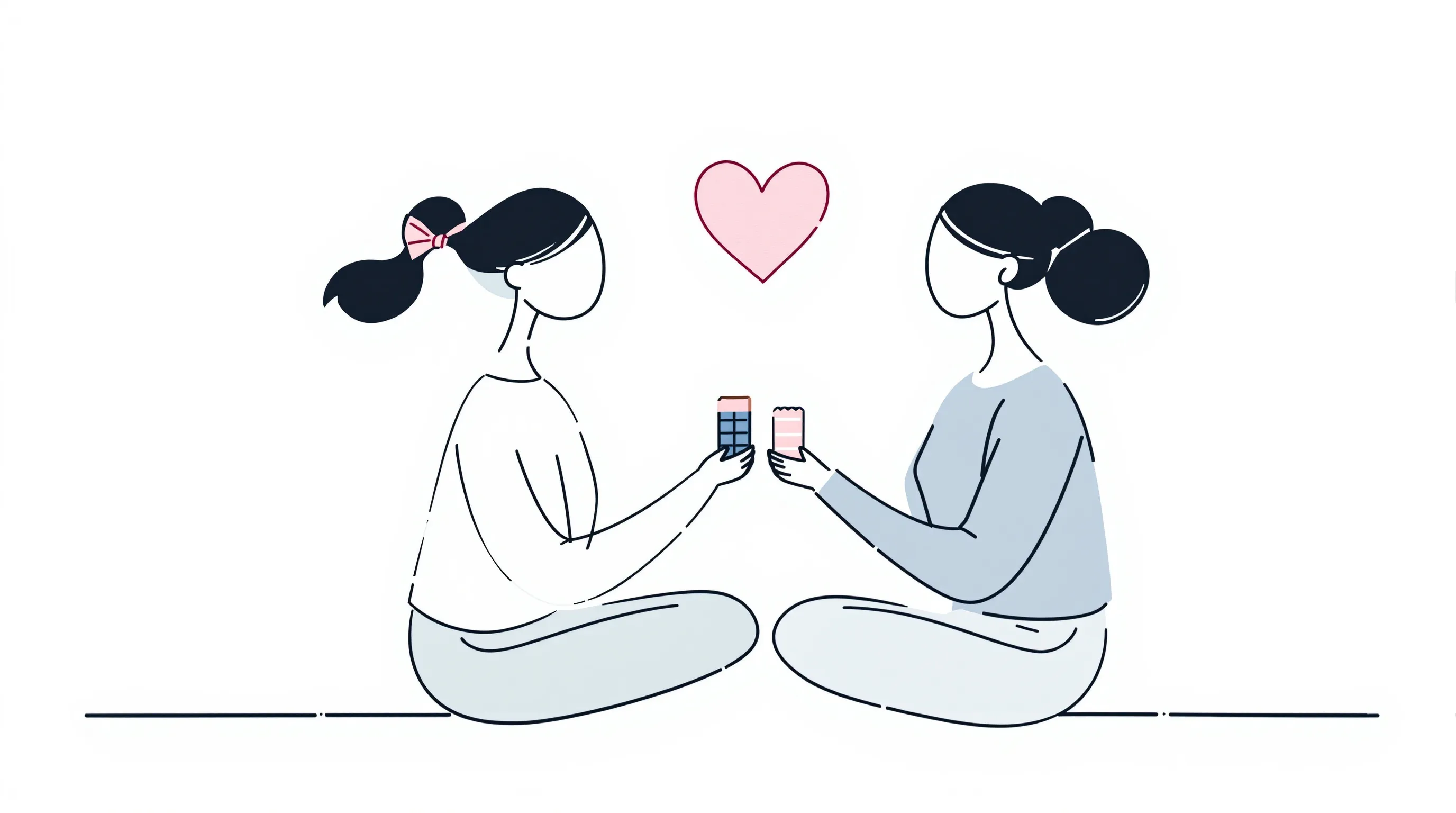 two friends sharing chocolate, sitting together with a heart symbol above them