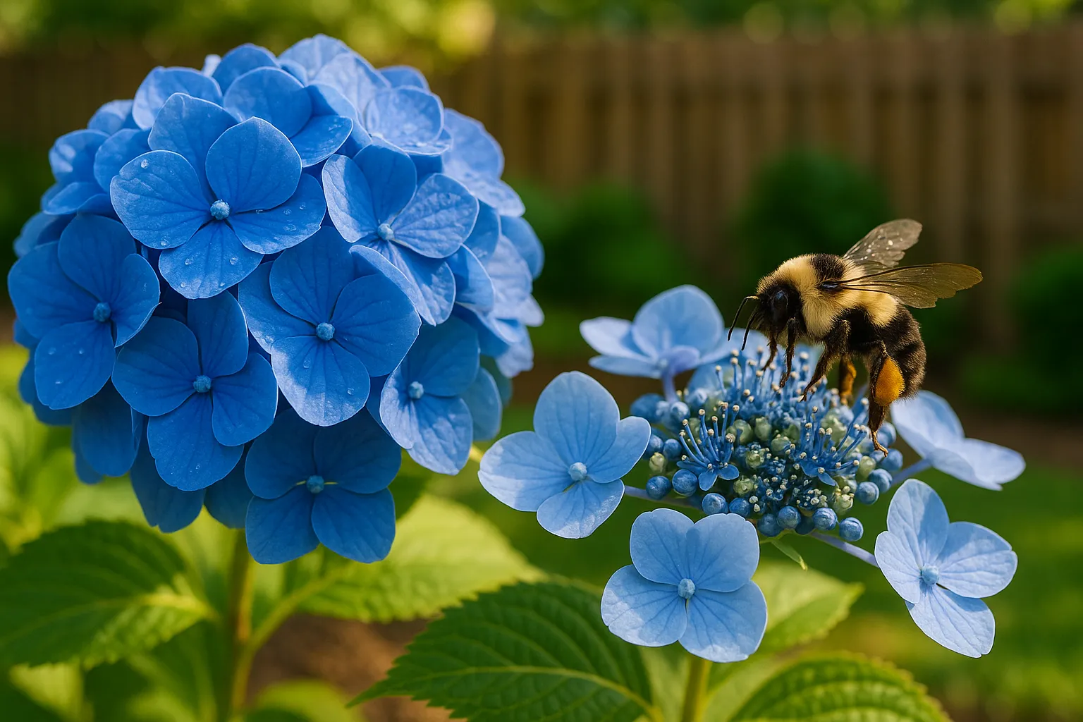 Close-up comparing a large blue mophead hydrangea and a bee-visited lacecap.