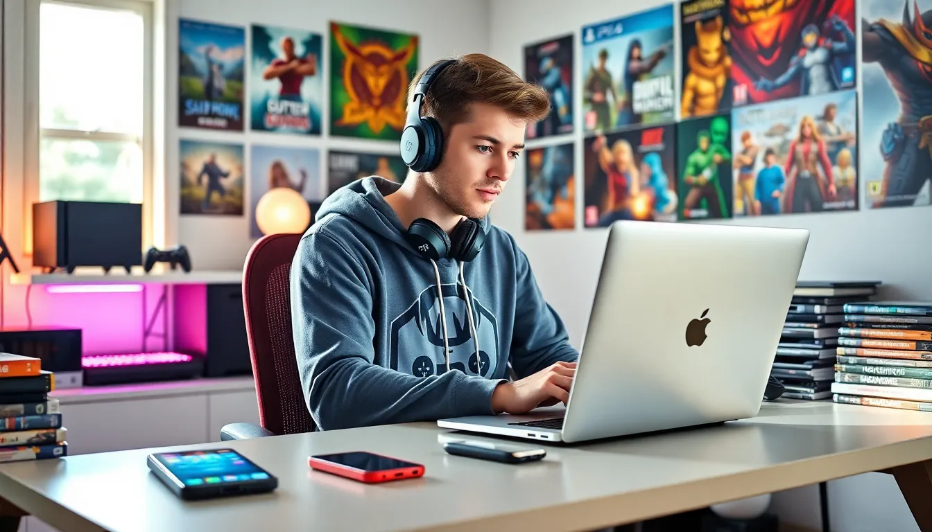 a young man working at a gaming desk with social media elements.