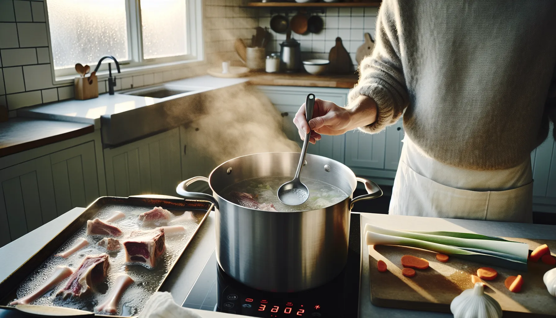 Cook skims foam from a gently simmering stock beside roasted bones.